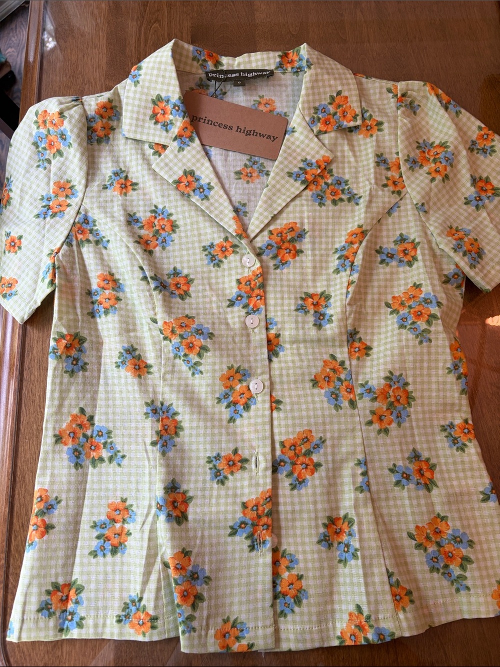 Princess Highway Lemon Green Gingham Floral Button Shirt